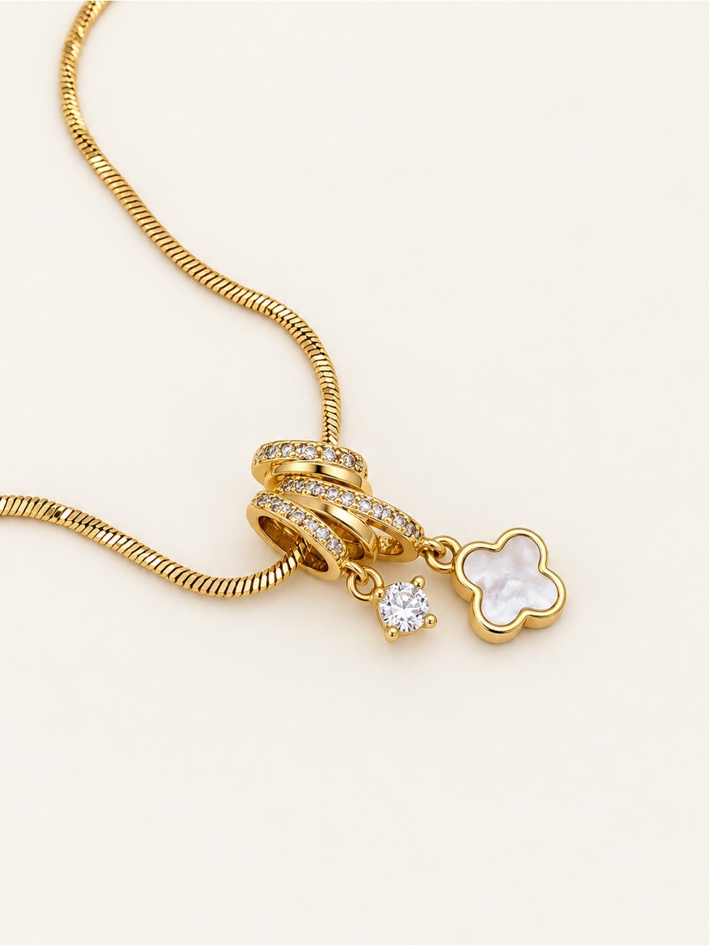 14K Gold Plated MoP Clover Necklace | CZ Pavé Rings & Crystal Charm - Picture 5 of 9
